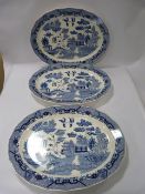 3 Vintage Blue & White Large Oval Platters