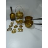 Brass Tea Pot on Stand - 2 Brass Pans - Brass Pig - Door Stop - Fire Tongs etc