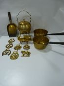 Brass Tea Pot on Stand - 2 Brass Pans - Brass Pig - Door Stop - Fire Tongs etc