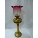 Edwardian Corinthian Style Oil Lamp with Cranberry Shade