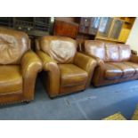 Brown Leather 3 Seat Settee & 2 Single Chairs