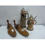 2 Lidded Steins & Pair of Shoe Lasts