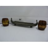 Handstopt Pewter Viking Ship & 2 Treen Barrels