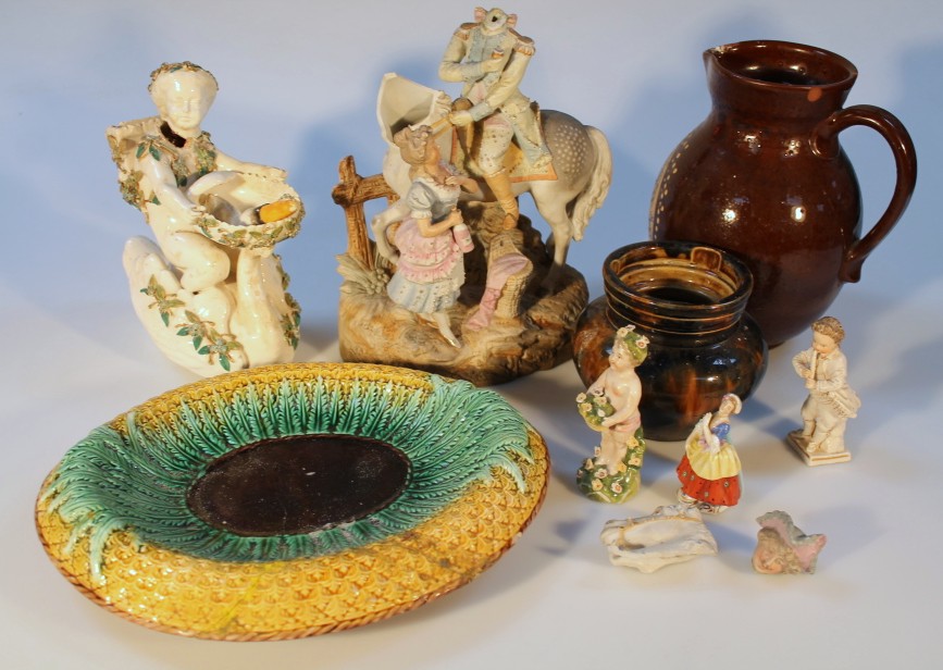 A quantity of 19thC and later earthenware, to include a West Country style stoneware harvest jug,