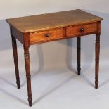 An early 19thC mahogany side table, the folded top raised above two frieze drawers, with knob