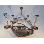 Various silver plate, comprising a pair of telescopic candlesticks of shaped cylindrical form, on