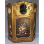A highly elaborate gilt wood and painted three fold screen, the central section raised with