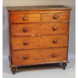 An 18thC oak chest, of two short and three long drawers, each with knob handles raised on squat club