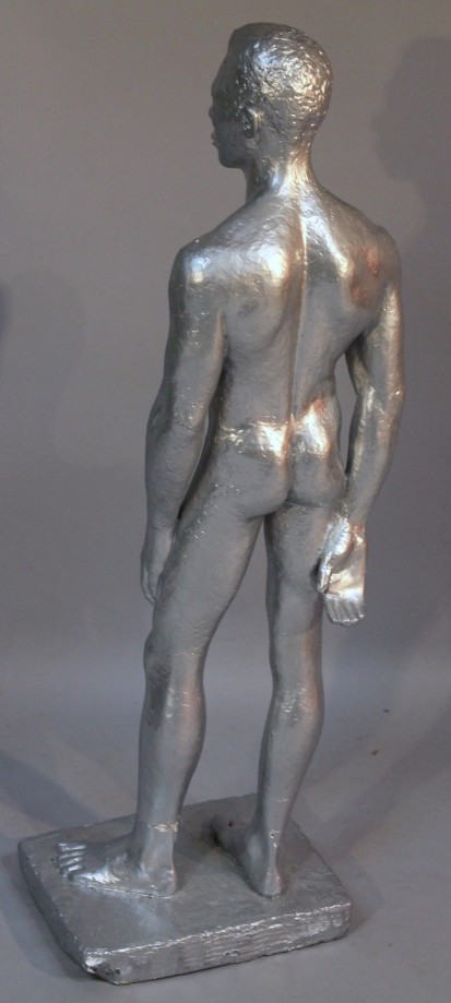 A plaster figure of a standing nude gentleman, on a plain rectangular base overall decorated in - Image 2 of 3