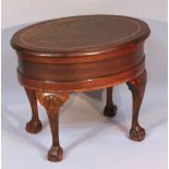 An early 20thC stained beech oak and inlaid sewing table, of oval form, the hinged lid revealing a