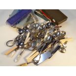 Various silver plated flatware, to include table cutlery, sugar bows, cake slice, etc, some with