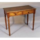 A 19thC mahogany side table, the plain rectangular top raised above two frieze drawers above ring
