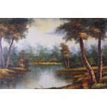 Rayborne (20thC School). Stream in a forest landscape clouds gathering, oil on canvas, signed, 59.