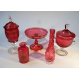 Various cranberry style glass, to include a bonbon dish of circular galleried form with a Greek