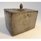 A 19thC pewter tea caddy, of rectangular form with acorn knop, the front etched and engraved with