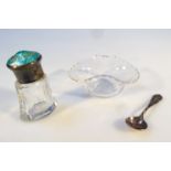 A George V enamel silver and glass perfume bottle, of shaped form, the circular screw lid