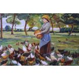 Peter Barrell (20thC). Farm hand feeding hens in an orchard, oil on board, signed, 40cm x 49.5cm.