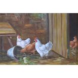 L Berg (20thC). Hens feeding before table, oil on canvas, signed, 20cm x 25cm.
