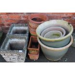 A quantity of various plant pots, planters, etc, to include a pair of shaped square form, each