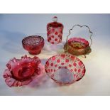 Various ruby and flash glass, to include preserve pot with plated stand, 20cm high, flower basket