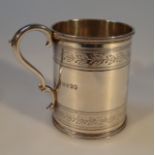 A Victorian silver christening mug, by William Evans, of cylindrical form with an upper beadwork