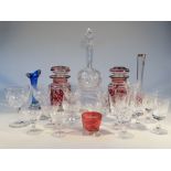 Various glassware, to include a pair of ruby flash glass Bohemian style jars, each of octagonal form