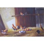 20thC British School. Hens and cockerel in a loft before broom, oil on canvas, unsigned, 29.5cm x