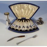 Various silver plate, comprising a cased set of dessert forks, miniature candlestick, pickle fork,