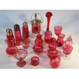 Various Victorian and later cranberry glass, to include an etched Mary Gregory style lidded vase