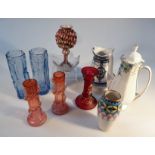 Various glassware, to include a vase of shaped form, polychrome decorated in many colours, 16cm