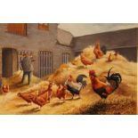 John C Moore (20thC). Chickens on a haystack before farm hand, oil on canvas, signed, 25.5cm x 35cm.