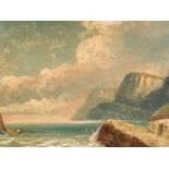 George Harris (1856-1924). Figures and cottage before boat, rough seas and cliffs, clouds gathering,