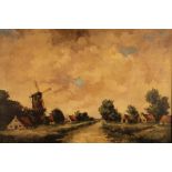 20thC School. Stream before windmill with clouds gathering, oil on canvas, unsigned, 38cm x 51cm.