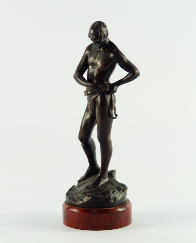 After Schmidt. Felling, a cast bronze depiction of nude with belt, foundry marks depicting A K T.