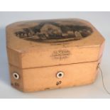 A 19thC J & P Coats advertising Mauchline Ware thread box, the hinged lid set with a profile of