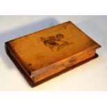 A late 19thC pine and mahogany box, the hinged lid printed with a figure of a child holding doll,