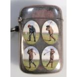 A Victorian silver and enamel vesta case, the front set with four profiles of golfers, with a