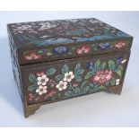 A cloisonne jewellery casket, heavily decorated with flowers and birds predominately in pink,