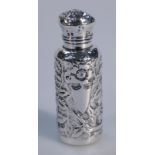 A Victorian silver perfume bottle, the domed lid revealing a glass stopper, the shouldered body