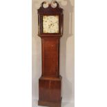 A 19thC oak and mahogany longcase clock, the painted 28cm dial, signed W Jones Ludlow, with Arabic