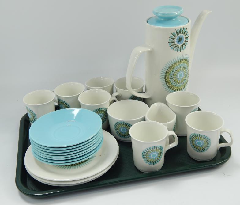 A J & G Meakin Pottery coffee service, including coffee pot, milk jug, sugar bowl, six coffee cans