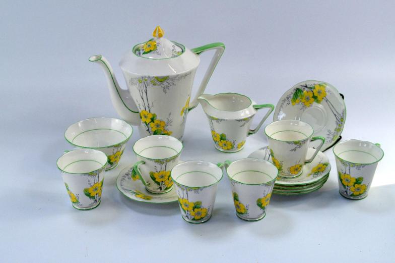 A 1930s Crafton China primrose pattern coffee service, comprising coffee pot, cups, milk jug,
