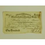 A Macclesfield and Cheshire Bank £100 note, dated 1840, numbered 2479