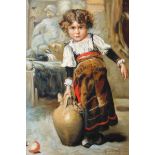 Manner of Ricardo De Madrazo. Young child with stoneware bottle, oil on canvas, signed and dated