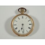 A fob watch, with white enamel dial and blue hands, bezel wind, yellow metal case, marked 18K