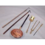 A collection of metal ware, etc, to include a copper warming pan with ebonised handle, fire irons,