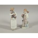 Two Lladro figures, one of a girl carrying a lamb and another of a girl holding flowers and a