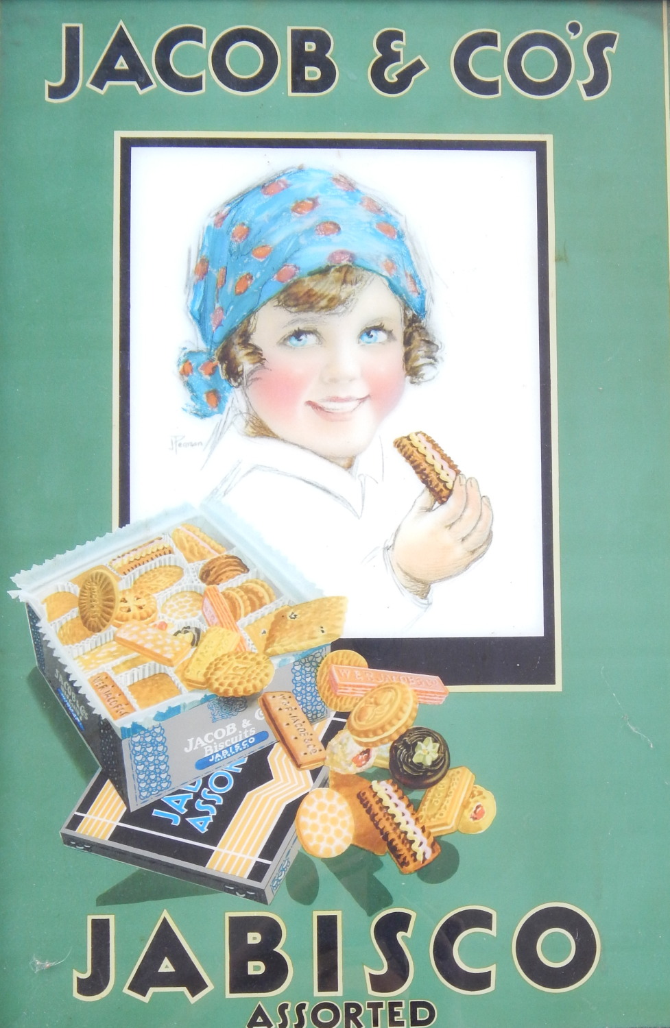 An early 20thC W & R Jacob & Co advertising sign, for Jabisco assorted biscuits, in original