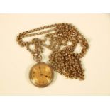 A fob watch and muff chain, the chain yellow metal, marked 9ct, with fob watch, with floral dial,