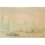 A 19thC Baxter type print, depicting The Royal Barge in front of the Houses of Parliament, 15cm x